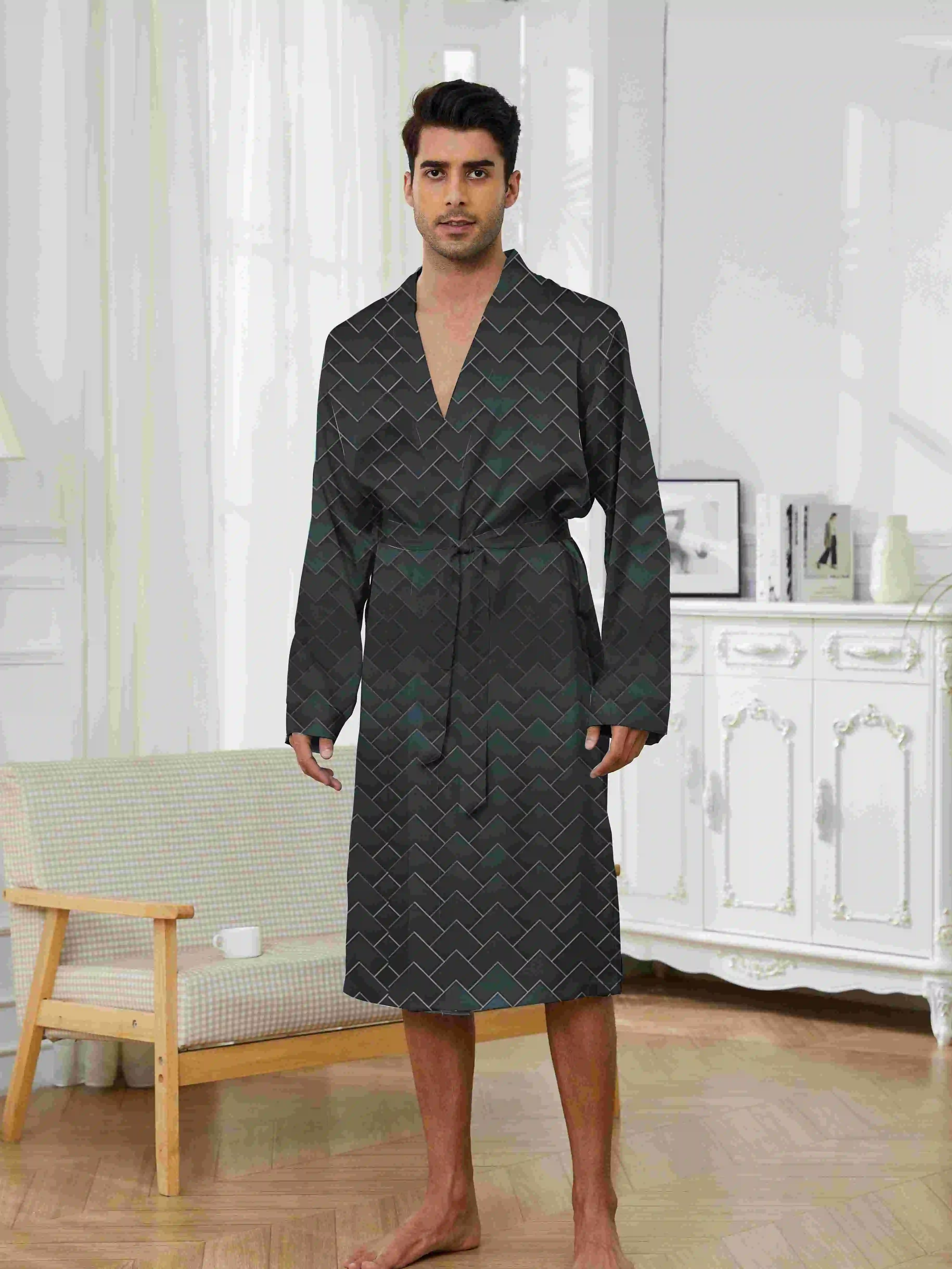 الربيع والخريف سريعة الجافة الرقمية المطبوعة عارضة مريحة دش رداء النوم، الرجال العصرية ثوب نوم طويل