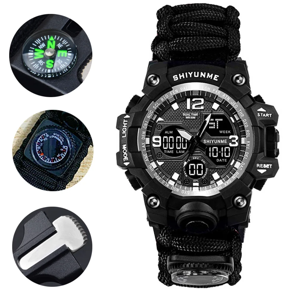 SHIYUNME Outdoor Men Military Quartz Watch Waterproof Multifunctional Survival Tactical Watch Compass Sport LED Digital Watches