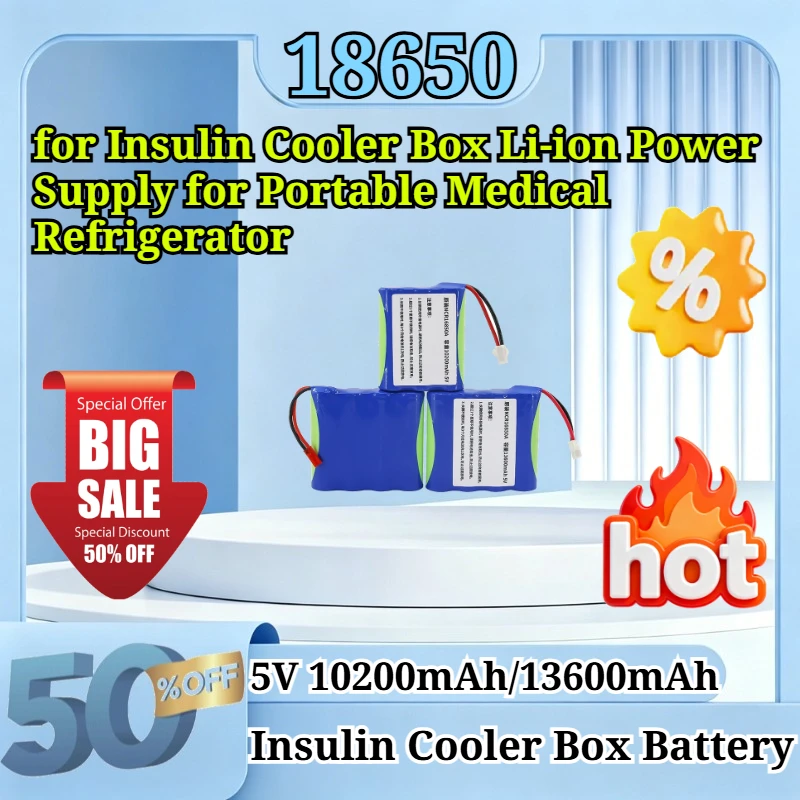 5V 10200/13600mAh Rechargeable 18650 Battery Pack for Insulin Cooler Box Li-ion Power Supply for Portable Medical Refrigerator