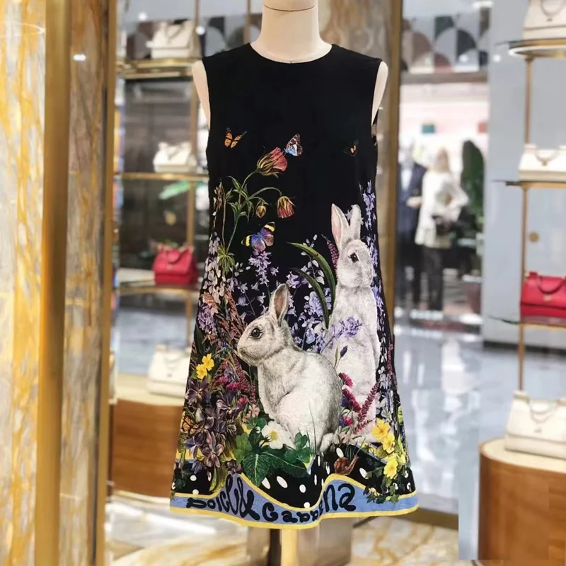 

2023 New Fashion Runway Designer Women Short Tank Sleeveless Rabbit Flower Print Loose Balck Vintage Mini Summer Dress