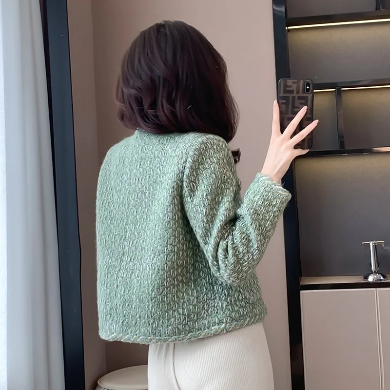 een Tweed Cotton Lined ort Women's Jaet Faionable Small Size Winter Outerwear round Ne Button up Loose Fit Coat