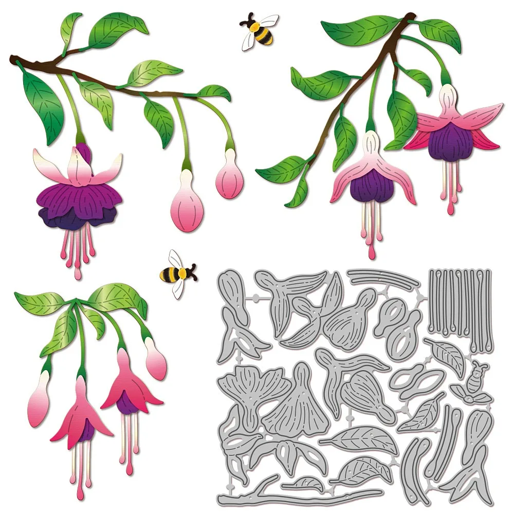 Troqueles de corte de flores fucsia para hacer tarjetas, troqueles metálicos de abejas y plantas, troqueles de hojas florales de primavera para grabado DIY