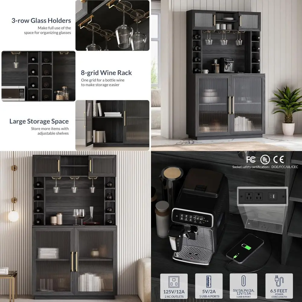 

72 Rustic Wine Bar Cabinet with Power Outlet, Storage, and Glass Rack for Kitchen Pantry or Dining Room - Ebony