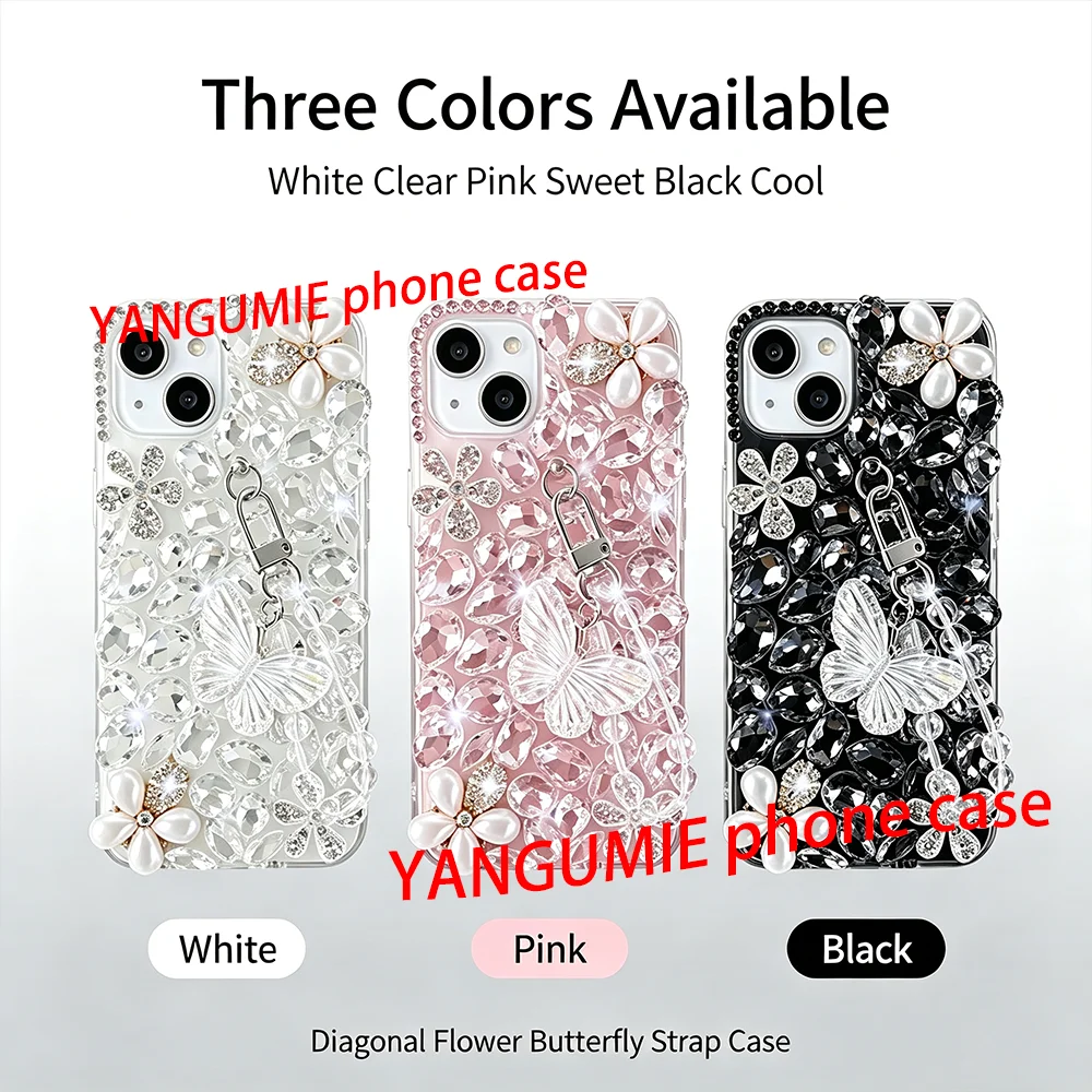 Pearl diagonal flower crystal butterfly bracelet for all compatible cases of iPhone 11, 12, 13, 14, 15, 16, 17