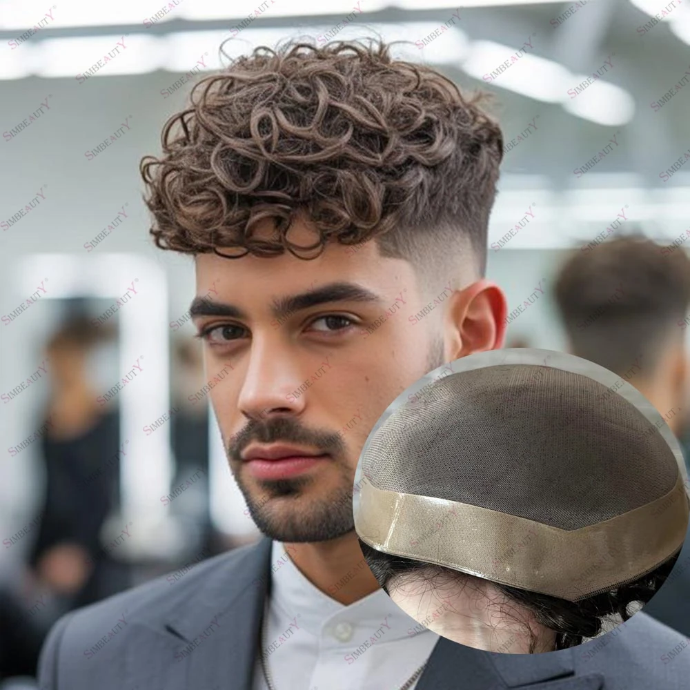 خط شعر طبيعي غير قابل للاكتشاف للرجال 18 مللي متر مجعد 100% شعر بشري شعر مستعار شعري صناعي متين ناعم أحادي القاعدة لاستبدال الشعر #1