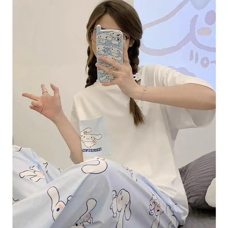 

Sanrio Cinnamon аниме собака шелковые пижамы женские осенние из чистого хлопка с длинными рукавами повседневная домашняя одежда с героями мультфильмов комплект пижам и брюк