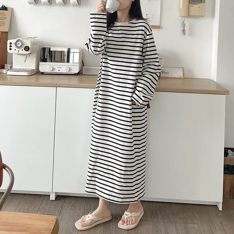 100% Cotton Maxi Dresses For Women Vintage Striped Long Sleeve Women\'S Elegant Dresses Autumn Winter Clothes