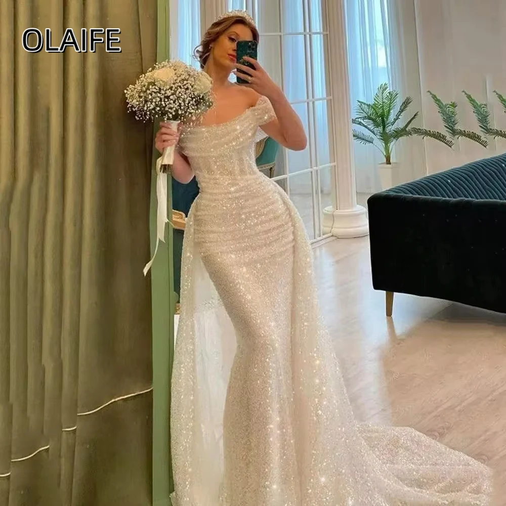 Olaife-Robe de Mariée Sirène à Paillettes Brillantes, Robes de Bal à Paillettes, Poignée Amovible, Balayage et Traîne, Initiée, Éducative