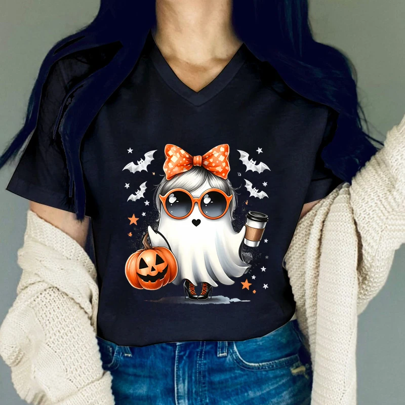 Halloween Ghost Graphic T Shirts Women Pumpkin Coffee Lovers T-shirt Fashion Ghost Print Woman Funny Halloween Casual T-shirts