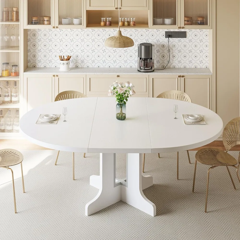 

59 Inch Round Extendable Dining Table, For Four To Six Modern Design, Heavy Duty Pedestal Base Wooden Top