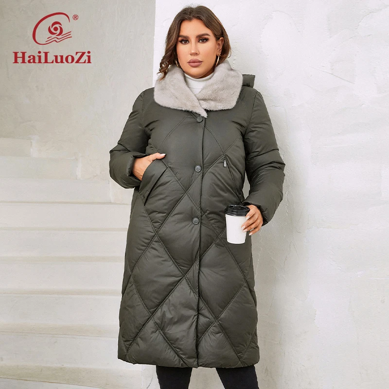 HaiLuozi-casacos acolchoados com capuz para mulheres, casacos elegantes, parkas longos e quentes, pele clássica, tamanho grande, novo, inverno, 1165, 2023