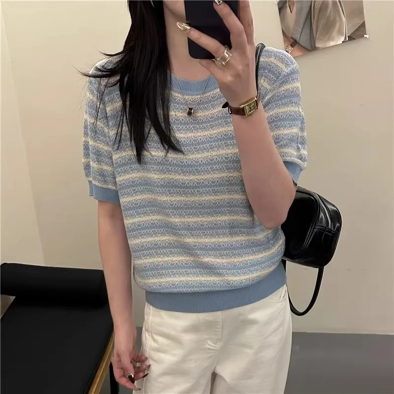 Fashionable Striped Knitted T-Shirt Women's Summer New Style High-End Feeling Age-Defying Top Elegant Commute Style round Nec...
