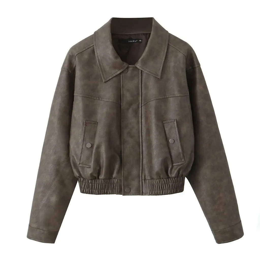 เสื้อโค้ทหนังสีน้ำตาลเข้มสไตล์อเมริกันสำหรับผู้หญิง ทรงหลวม สั้น ใส่สบาย เหมาะสำหรับฤดูใบไม้ร่วง