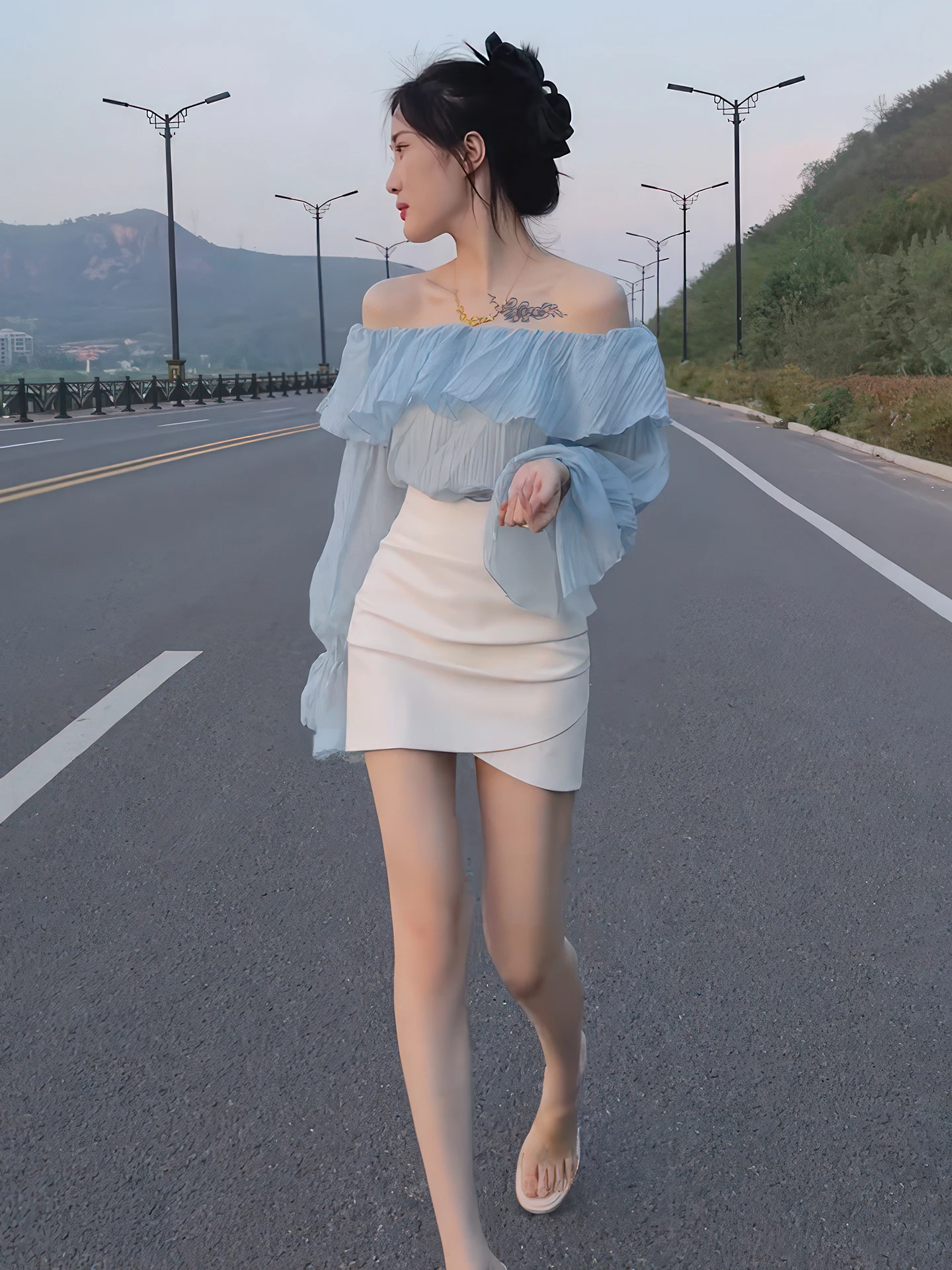 Ele Summer 2025 Women's Off-oulder Gauze Top High Waist  Skirt Two-Piece Set Floral Lace Hemline Long Sve Ensemble