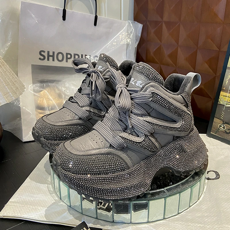 

7.5CM Winter Women Shiny Rhinestones Shoes Casual Plush High Top Chunky Sneakers Women Stylish Sport Shoes Platform Luxury Shoes