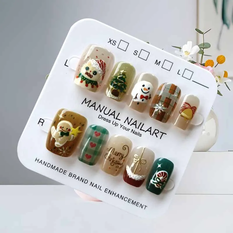 Patch de manucure court fait à la main, 10 pièces, bonhomme de neige, élan, arbre de noël, faux ongles pour enfants, dessin animé du père noël, Nail Art portable