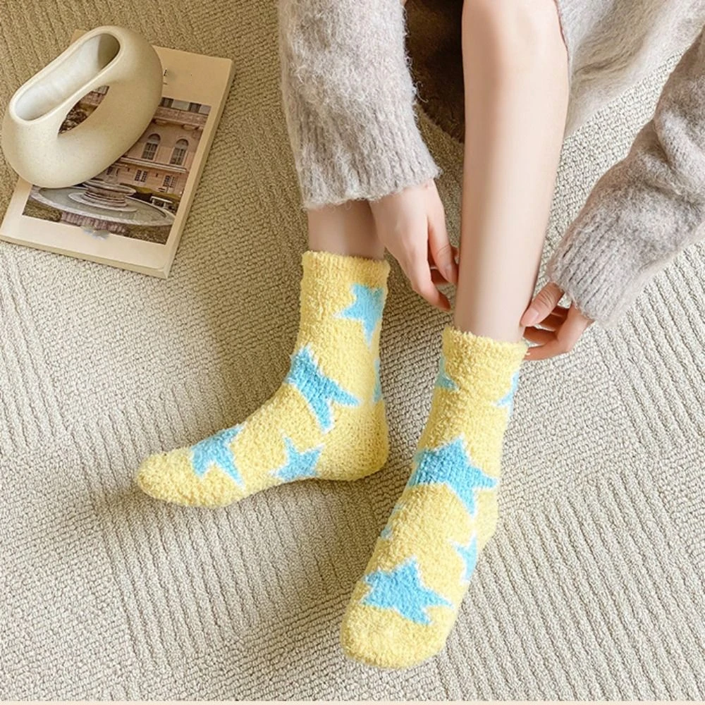 5 paia di calzini in pile di corallo dolce stella peluche calzini a tubo pantofola kawaii cartoni animati homewear calze da donna calzini a metà polpaccio regali