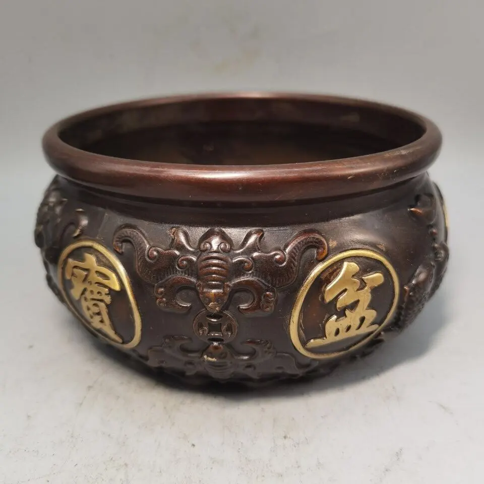 Antique Copper Gold Incense Burner Censer with Fortune Basin for Altar Use