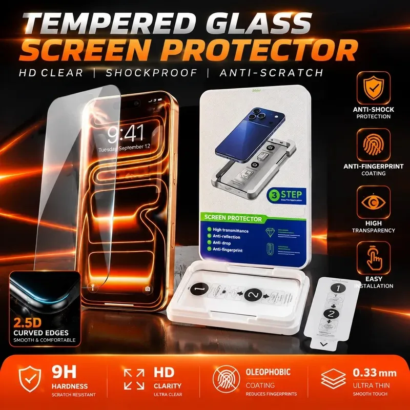2pcs for iPhone 17 Pro Max Tempered Glass Screen Protector Full Coverage HD Clear Film for Apple 16 Pro Max 15 Mobile Phone