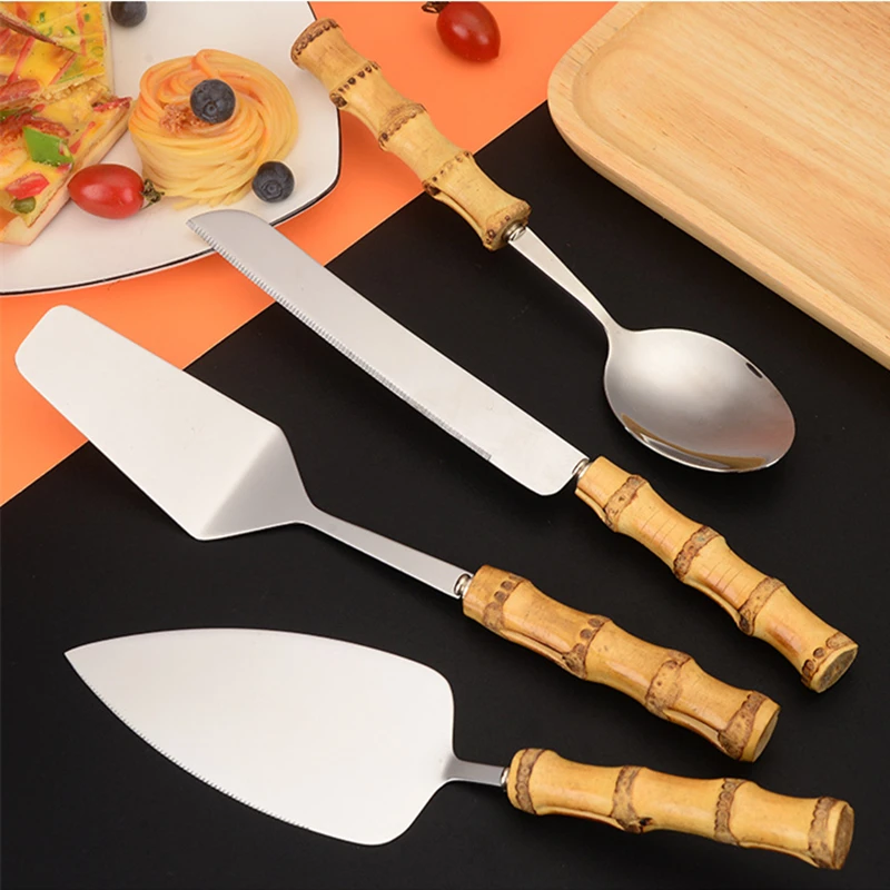 Nature Bamboo Pizza Cake Shovel Triangular Spatula Set Steel Stainless Cheese Slicer Cutter Knife,Butter Knife