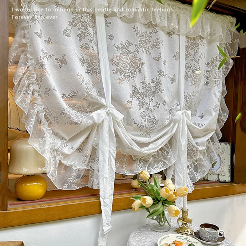 Romantic Rose Ruffle Curtains Translucent Lace Adjustable Curtains Bedroom Café Kitchen Balcony Windows Half Curtains