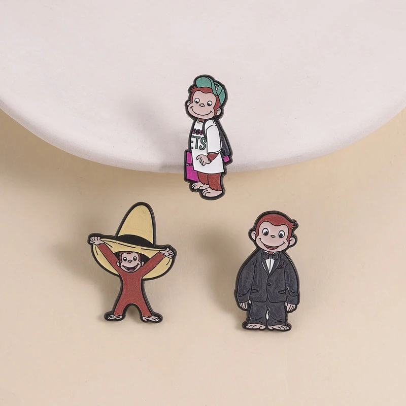 Curious George Enamel Pins Cartoon Children's Picture Book Cute Monkey Brooches Lapel Badge Jewelry Gifts for Kids Friends