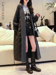 LANMREM Korean Version Long Cotton Jacket Spliced Thick Knitted Cardigan Women's 2024 Autumn Winter New Versatile Coats 2DB1272