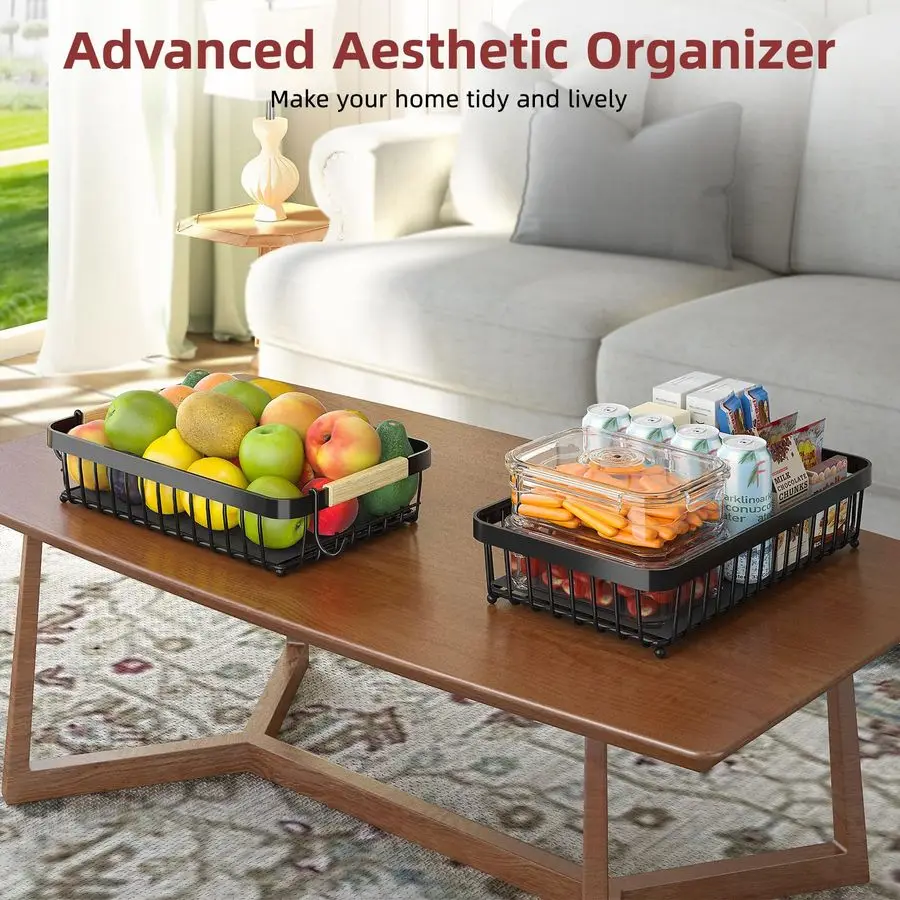 

Двухуровневая большая корзина для фруктов на кухонную столешницу с 2 мобильными держателями для бананов, съемная металлическая фруктовница 2026 Pro с деревянной ручкой