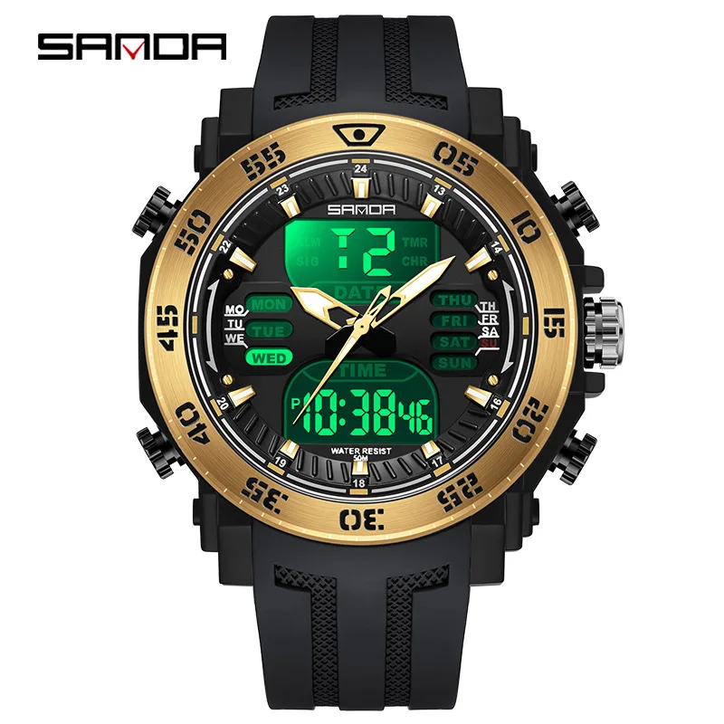 Sanda sporthorloge met dubbel display, waterdicht Japans uurwerk, nachtlampje, stopwatch, heren buiten, trendy, cool studentenhorloge