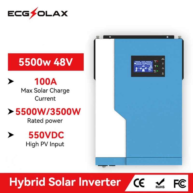 

ECGSOLAX 3500W/5500W Hybrid Solar Inverter 24V 48V 230VAC Built-in MPPT 100A Solar Controller Max 500VDC Pure Sine Wave Inverter
