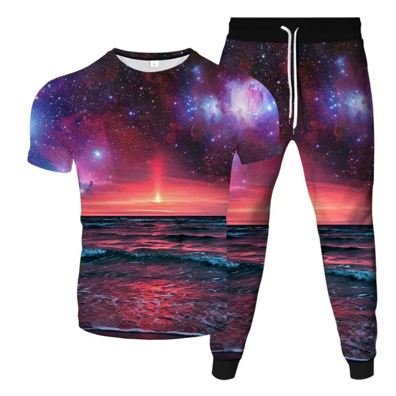 2023 Summer Mens Fashion Tracksuit Beautiful Scenery Galaxy Coconut Tree Sea Print T-Shirt Trousers 2Pcs Set Male Casual Clothes