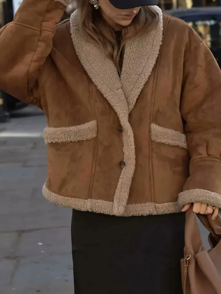 Manteau d'épissure en laine d'agneau pour femme, revers, manches longues, poches, vestes amples et épaisses, Streetwear d'hiver, vêtements d'extérieur noirs, 2025