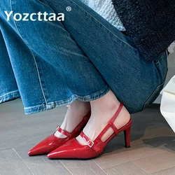 Yozcttaa Size 34-43 Women Slingback Sandals Real Leather Kitten High Heels Summer Shoes 2025 Fashion Slip On Party Sandalias