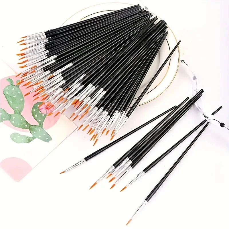 100Pcs Nylon Brushes Set for Painting, Crafts & Art, Black Flat & Round Tip Brushes, Mixed Material with Rattail Handle