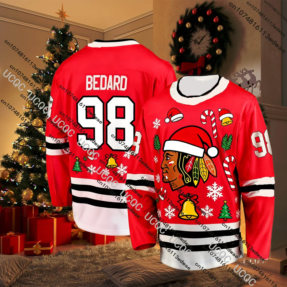 عيد الميلاد تحت عنوان BEDARD No.98 هوكي الجليد رجل جيرسي شيكاغو عيد الميلاد طبعة محدودة الهوكي جيرسي المشجعين هدية الكريسماس تي شيرت #2