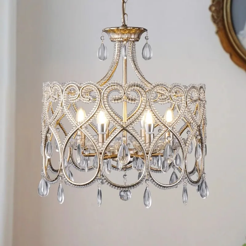 American Vintage Light Bead Crystal Chandelier for Bedroom Living Room Dining Room Retro Silver Iron Pendant Lamp Indoor Decor