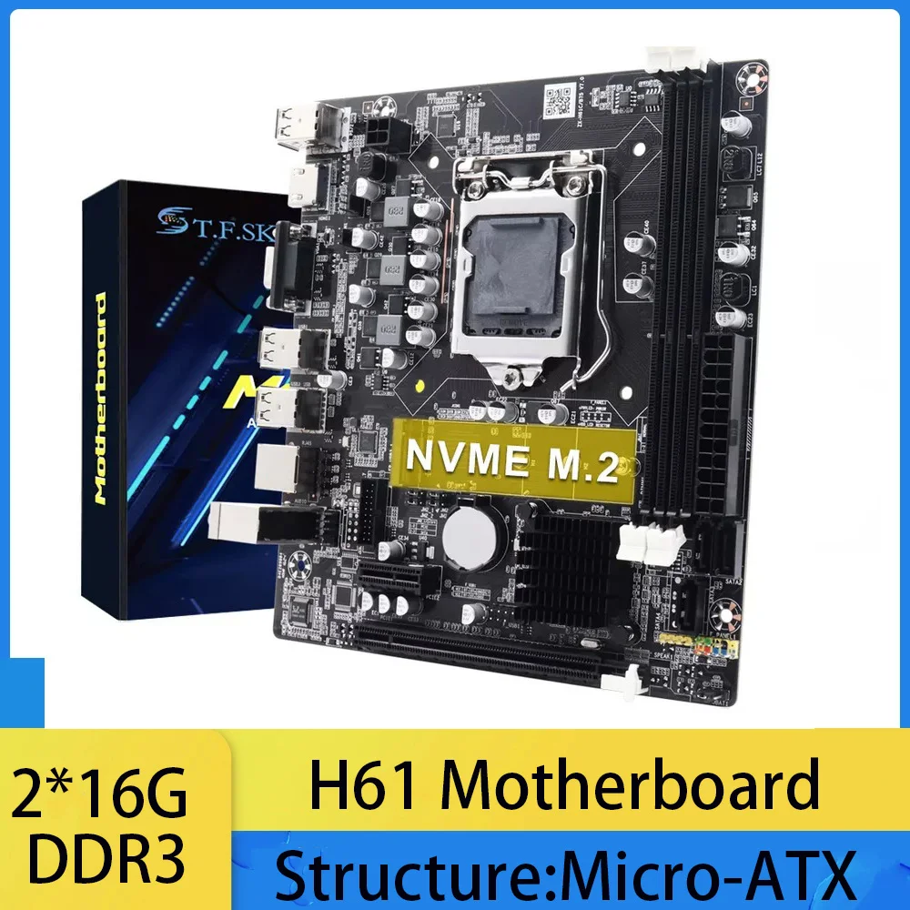H61 Motherboard LGA 1155 Compatible with Intel Core CPU 2th/3th Gen Supports M.2 NVME SDD Dual-Core/Quad-Core I3 i5 Motherboard