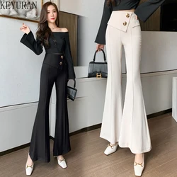 2024 New Spring Summer Slim High Waist Flare Pants Women's Drape Boot Cut Button Casual Long Pants Female Trousers Black Apricot