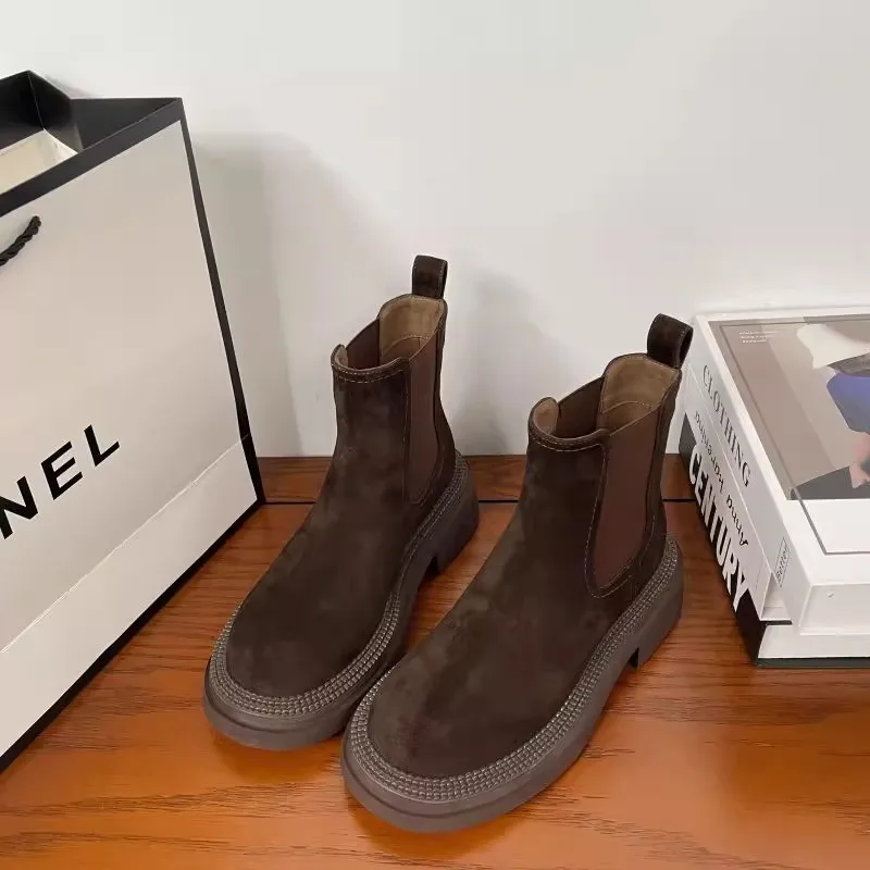 Women's Shoes 2023 New Mid-Calf Women's Boots Winter Slip-on Casual Boots Women High Quality Round Toe Square Heel Shoes Women