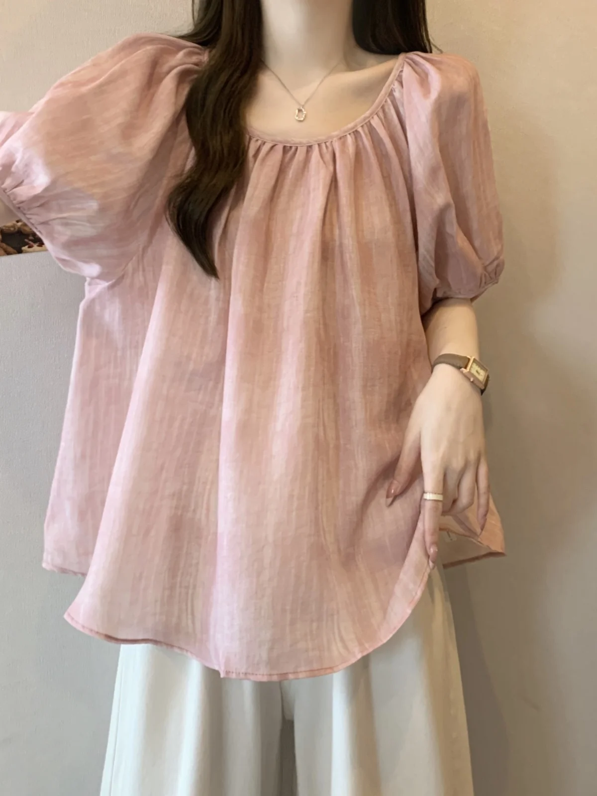 

Pink Bubble Sleeve Chiffon Short Sleeve Shirt Women's Summer New Large Size Fat MM This Year's Popular Belly Cover Doll Shirt...