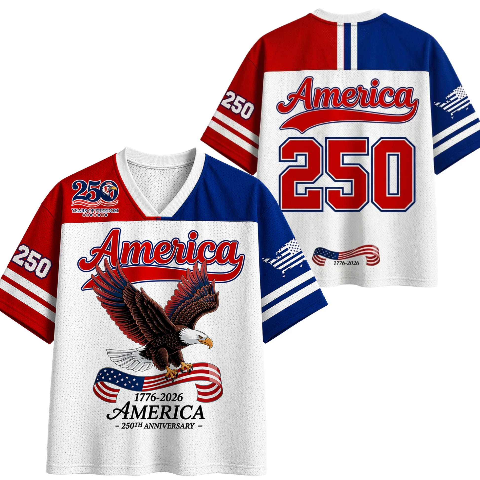 America 250th Anniversary Bald Eagle Flag Number 250 Print V Neck Jersey Red White Blue Color Block Patriotic Holiday Sports Top