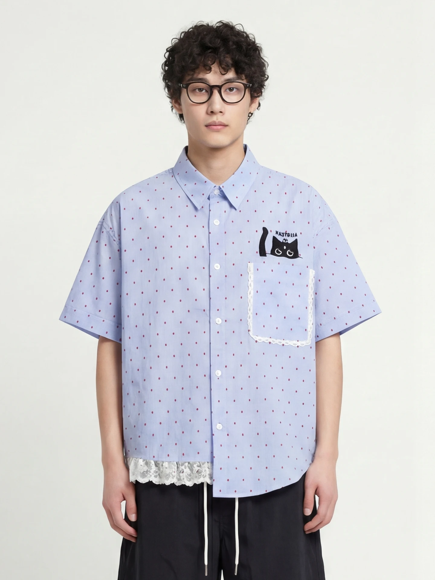 

Летний свободный кардиган из хлопка с кружевными вставками, синим клетчатым узором и декоративным швом по низу, повседневный, в стиле кэжуал.