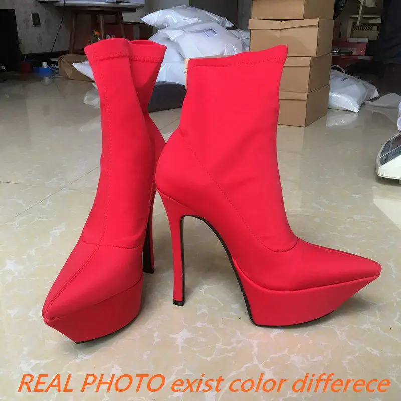 REAVE CAT Brand Shoes Stretchy Satin Booties Pointed Toe Platform 4.5cm Thin High Heels 14.5cm Big Size 43 Sexy Lady Boots