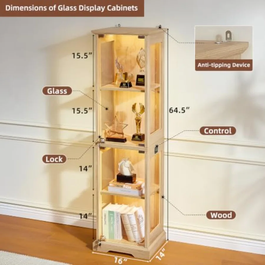 Farmhouse Narrow Glass Display Cabinet with Doors and Lock