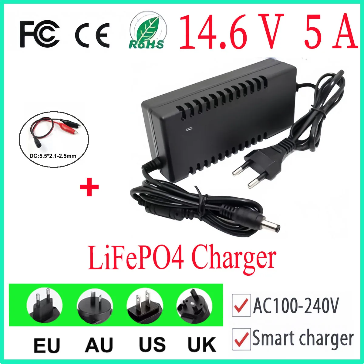 Brand new 14.6V 5A LiFeP04 charger  4Series12V lithium iron phosphate battery charger 12.8V14.4V batterypack power adapter DC5.5