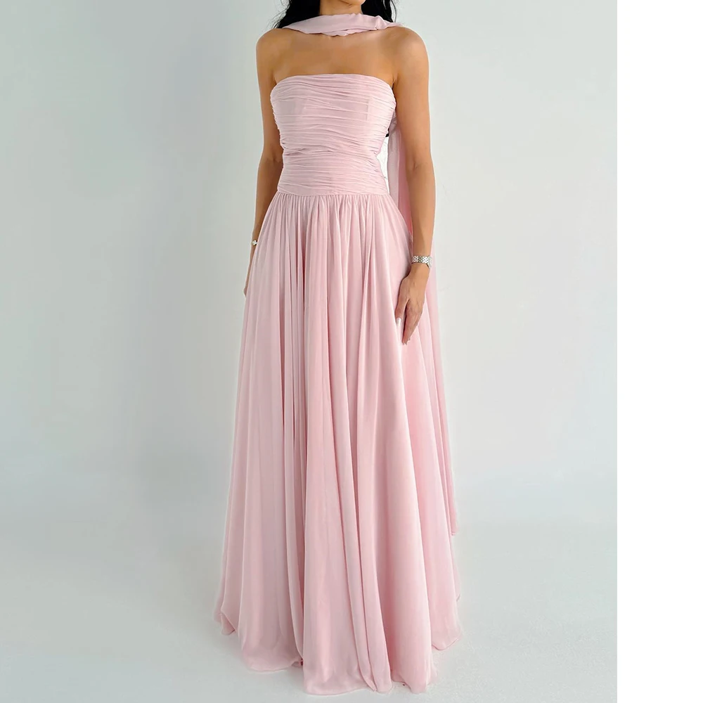 

Graceful Ribbons Pleats Strapless Evening Dresses Temperament Pink A-Line Organza Custom Size Party Gowns Saudi Arabia 2024