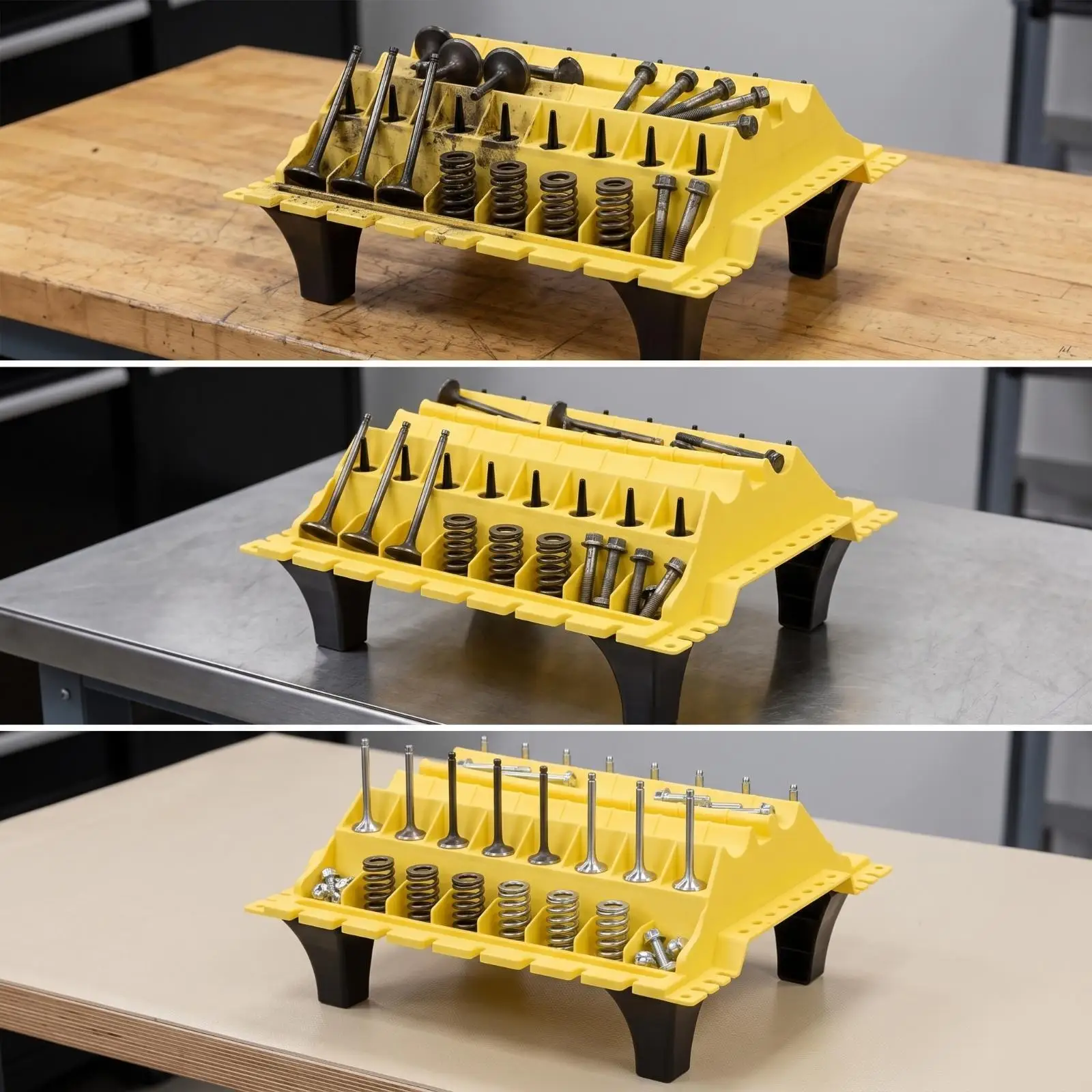 Engine Valve Train Parts Organizer Box with Tailored Slots and Holes for Fasteners Car Workshop Tool Cart on Wheels