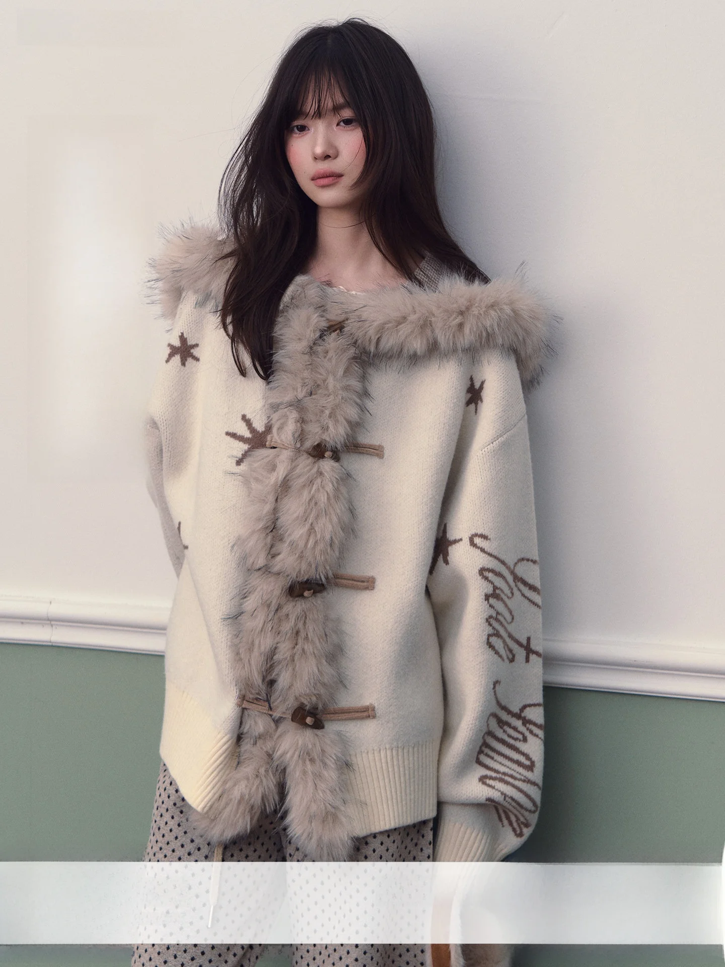 

Soote Season Original Korean Retro Fur Collar Button Star Embroidery Hooded Knitted Sweater Coat Warm Thiened Long Sve W...