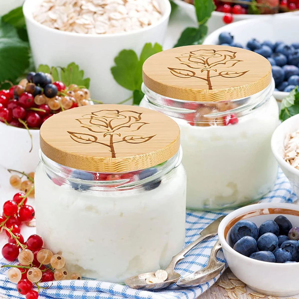 أغطية برطمانات الخيزران Oui مع حلقات مانعة للتسرب من السيليكون ، أغطية تخزين الفم الواسعة ، نمط الورد ، خالية من بيسفينول أ ، 6 عبوات ، 68 ~