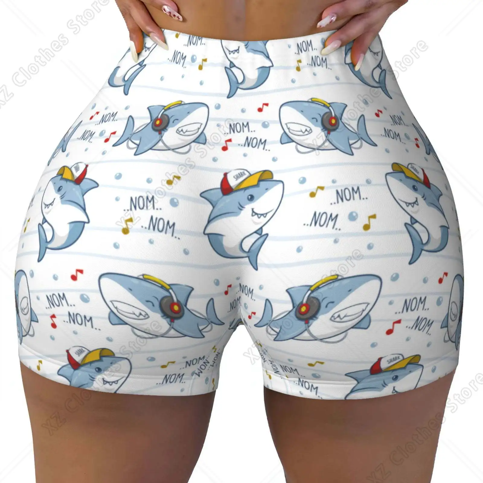 Seamless Workout Shorts Women - Music shark Biker Gym Running Yoga Spandex Shorts for Women